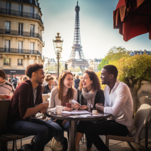 La Solution pour Réussir Étudiants prenant des photos près de la Tour Eiffel en toute sérénité
