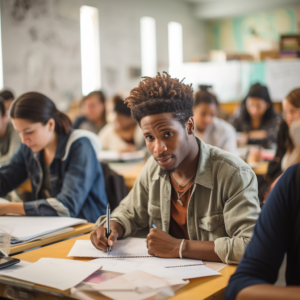 Étudiants prenant des notes en classe de français