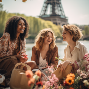 Amis discutant devant la Tour Eiffel au coucher du soleil