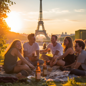 Amis discutant devant la Tour Eiffel au coucher du soleil