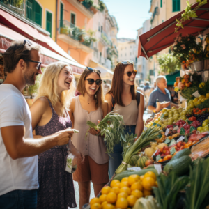 Jeunes discutant dans un marché parisien coloré