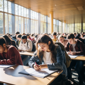 Salle d'examen avec des élèves concentrés