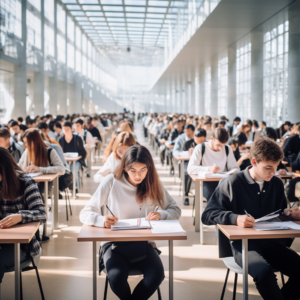 Test officiel de français dans une très grande salle d’examen