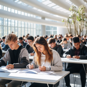 Test officiel TEF ou TCF dans une grande salle d’examen