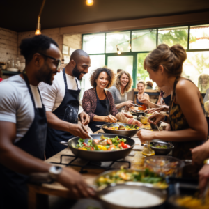 Buffet partagé et heureux entre apprenants internationaux