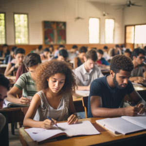 Groupe d'étudiants concentrés en salle d'examen TEF