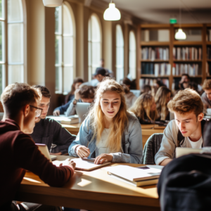 Groupe d'étudiants concentrés en bibliothèque universitaire pour leur test TCF