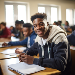 Étudiant confiant devant son examen écrit en salle