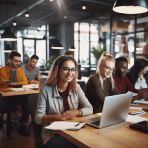 Des étudiants travaillent en groupe dans un espace de coworking